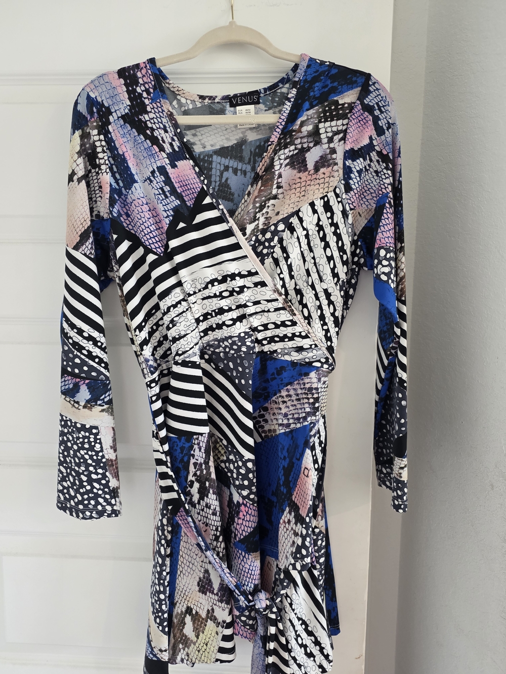 VENUS Blue, Black & Pink Mixed-Print Faux Wrap Dress
